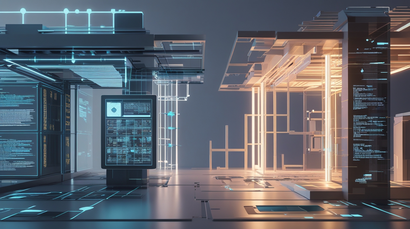 A symbolic, metaphorical representation of a modern executive environment transformed by advanced AI prompt engineering. The scene should capture the dramatic contrast between generic AI use (chaos, wasted time) and composite prompt mastery (clarity, strategic power). The AI should be portrayed as an intelligent system—represented by architectural structures, glowing frameworks, and data constructs.